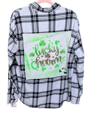 Lucky Charm Plaid Flannel Shirt – St. Patrick’s Day Graphic‎ Back Patch